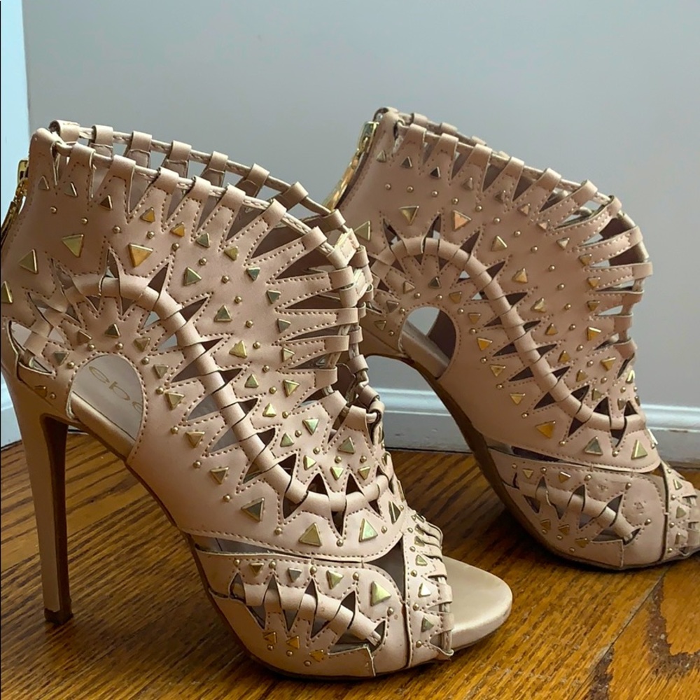 Bebe Faux Leather Peep Toe Heels with Gold Studs